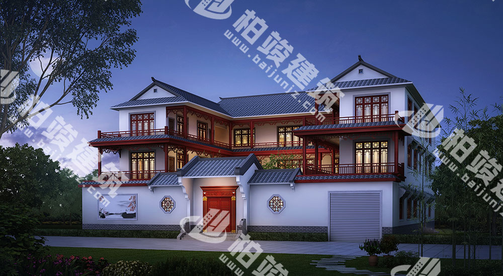 一進三層新古典風格四合院設計圖，13室7廳12衛，帶電梯、車庫