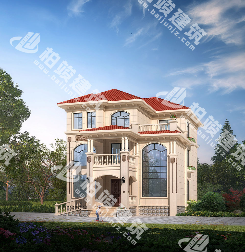 農村三層別墅設計圖紙，簡歐風格，帶雙層落地窗、輪椅坡道