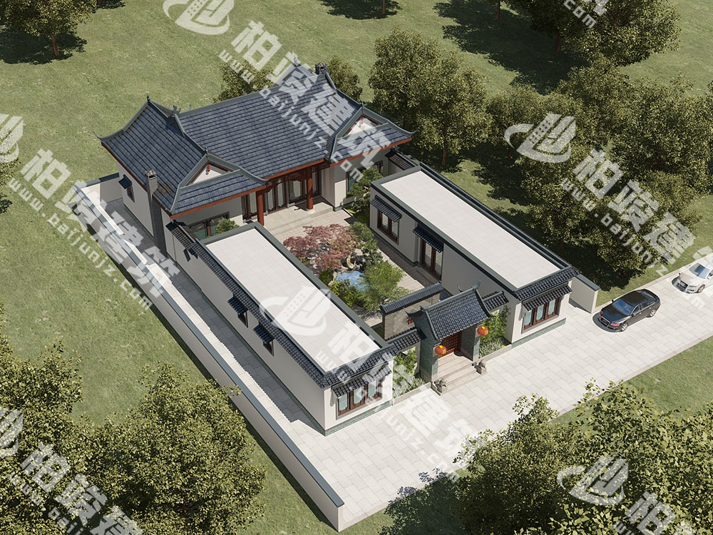 農村自建四合院設計圖，中式庭院帶池，五臥室設計