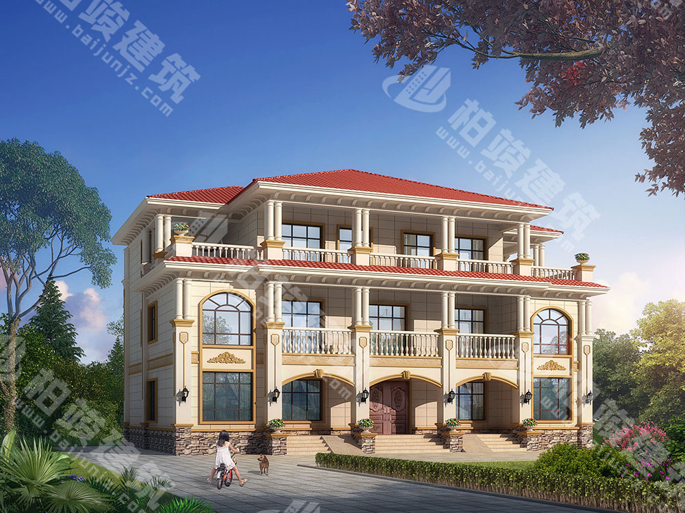 農村自建房設計圖，三層雙拚別墅，氣派簡歐風格，帶堂屋神龕位
