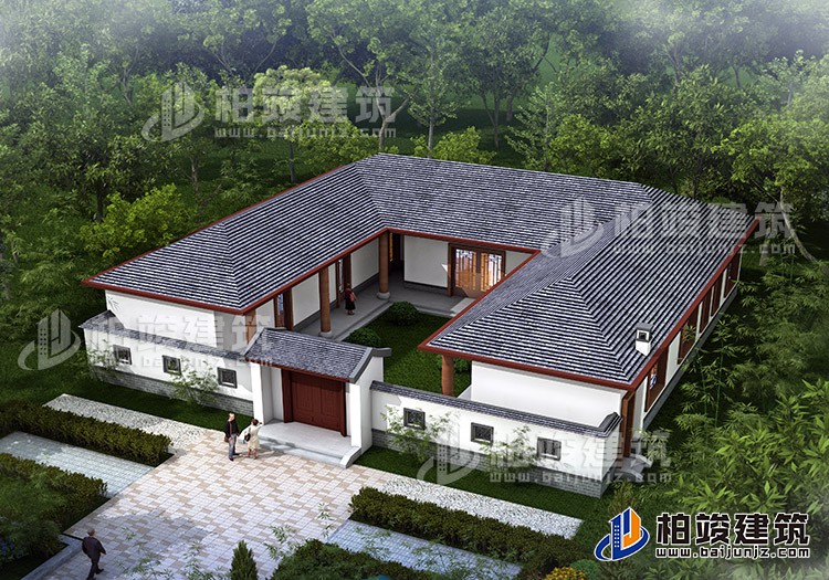 中式三合院平房設計圖及效果圖、施工圖BZ168-新中式風格