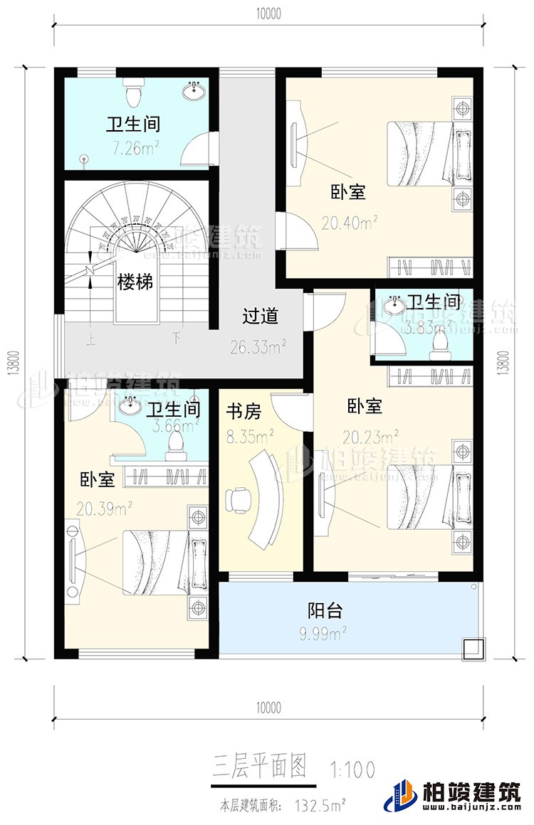 三層：3臥室，2內衛，公衛，樓梯，書房，陽台