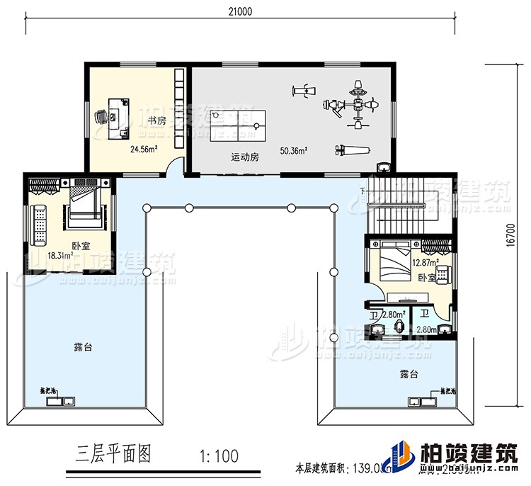 三層：書房，運動房，2臥室，2衛生間，露台