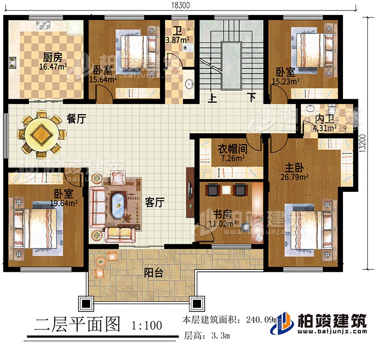 二層：4臥室，客廳，書房，衣帽間，廚房，餐廳，2衛生間，陽台