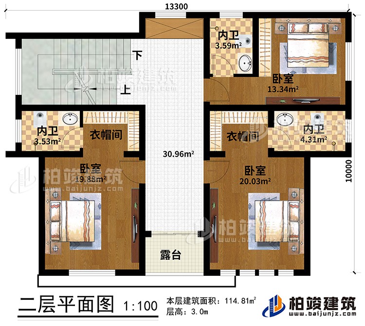 二層：3臥室、2衣帽間、3內衛、露台