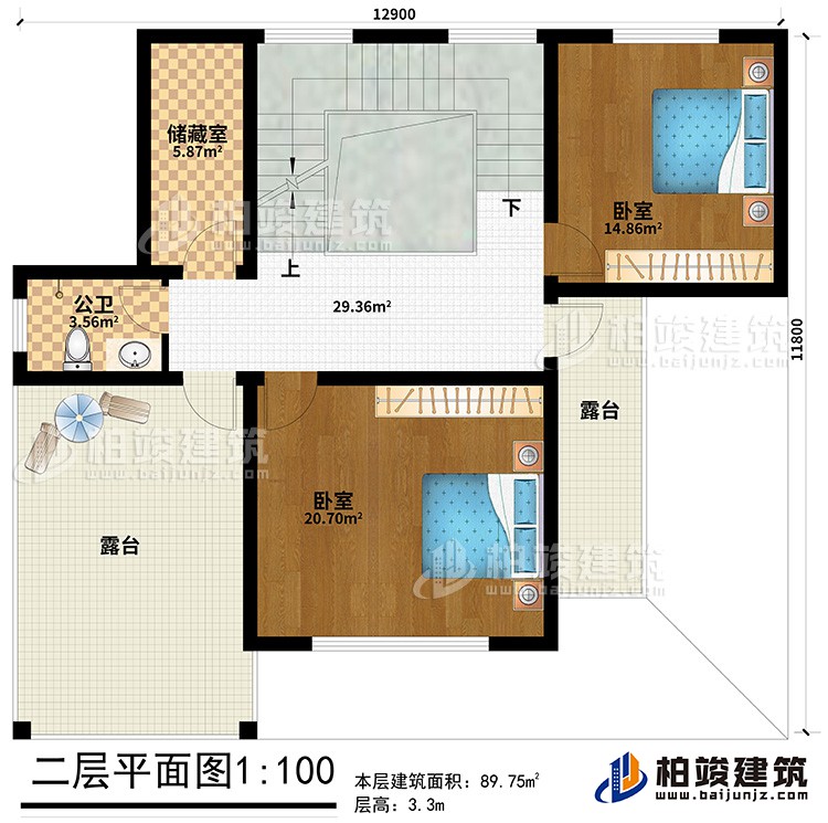 二層：2臥室、公衛、儲藏室、2露台