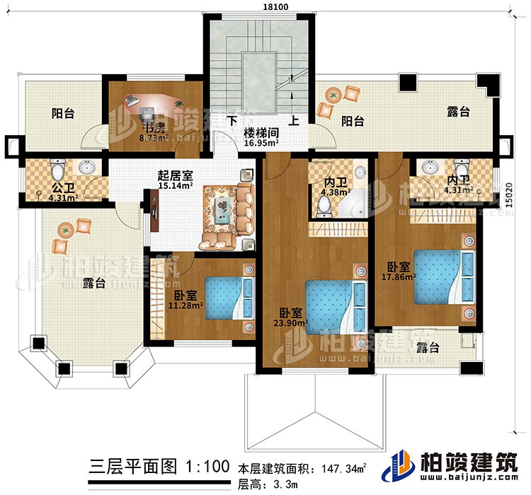 三層：3臥室、2內衛、公衛、書房、樓梯間、2陽台、3露台、起居室