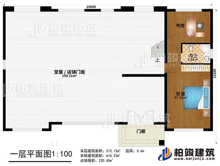 一層：門廊、堂屋/店鋪門麵、臥室、書房、內衛