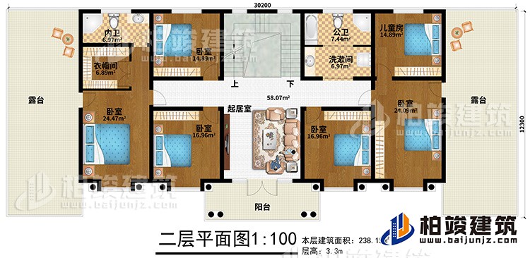 二層：5臥室、兒童房、公衛、洗漱間、內衛、起居室、2露台、陽台