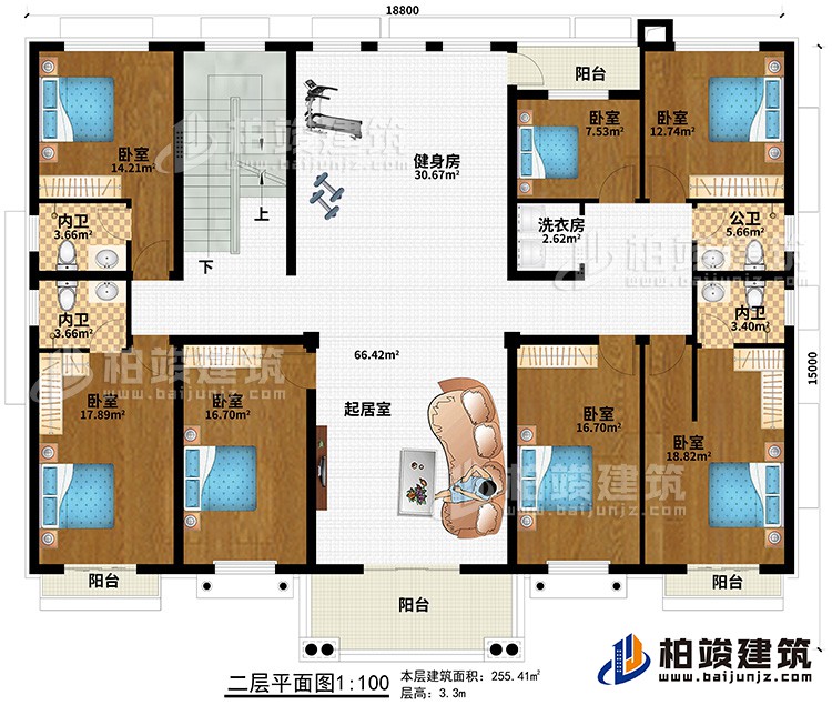 二層：7臥室、起居室、健身房、3內衛、公衛、洗衣房、4陽台