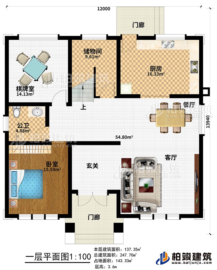 一層：2門廊、玄關、客廳、餐廳、廚房、儲物間、棋牌室、公衛、臥室