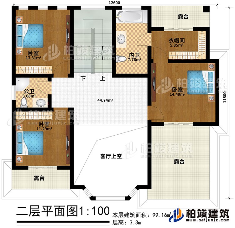 二層：3臥室，衣帽間、公衛、內衛、3露台、客廳上空