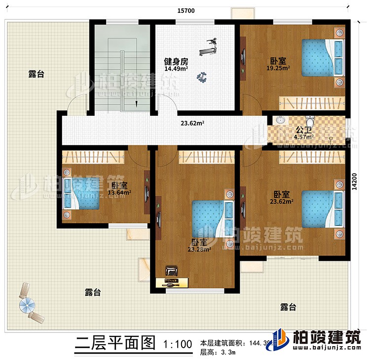 二層：4臥室，公衛，健身房，露台