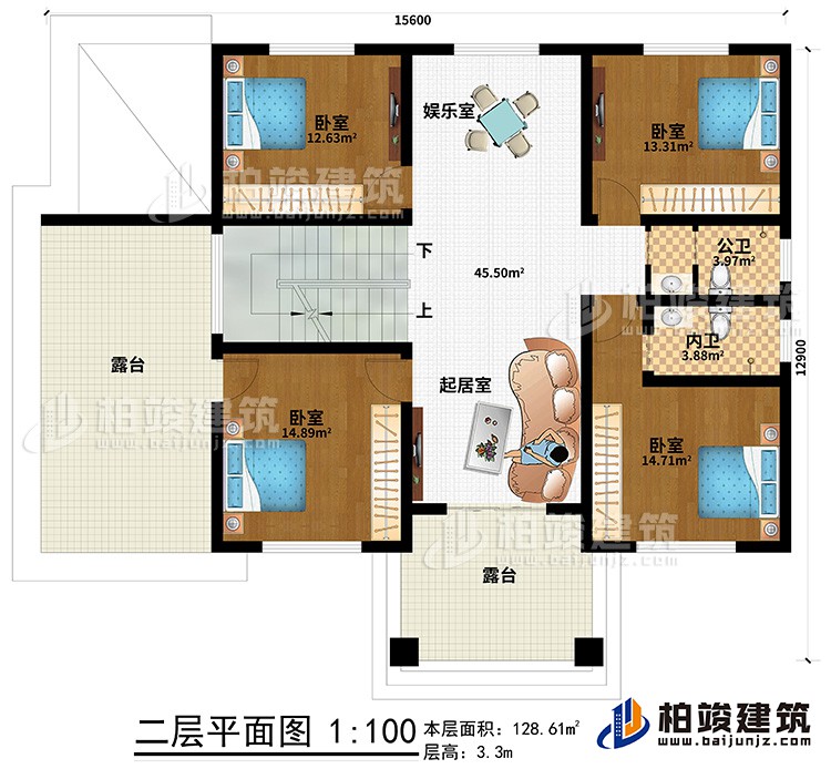 二層：4臥室，內衛，公衛，起居室，樓梯，棋牌室，2露台