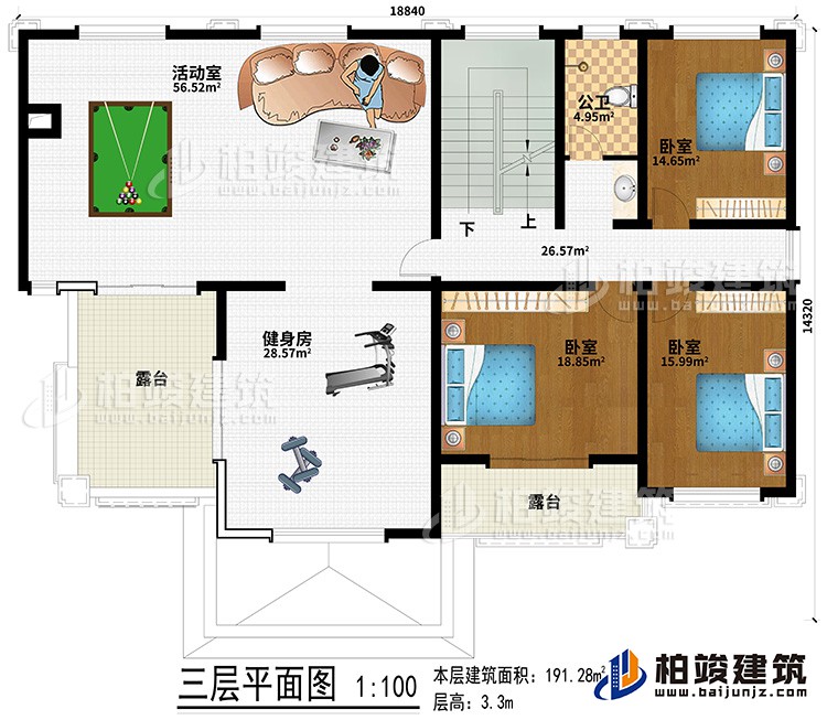 三層：健身房、活動室、3臥室、公衛、２露台