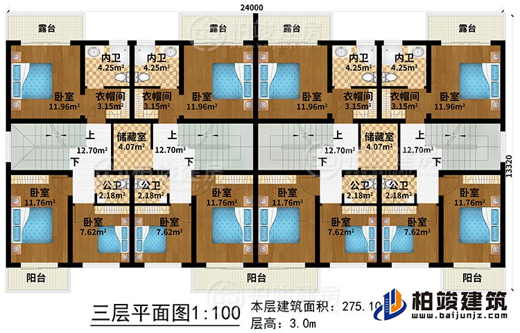 三層：12臥室、4公衛、4內衛、2儲藏室、4衣帽間、3陽台、4露台