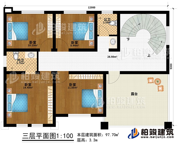 三層：4臥室、公衛、內衛、露台