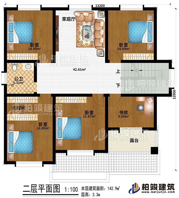 二層：4臥室、公衛、衣帽間、書房、露台、家庭廳