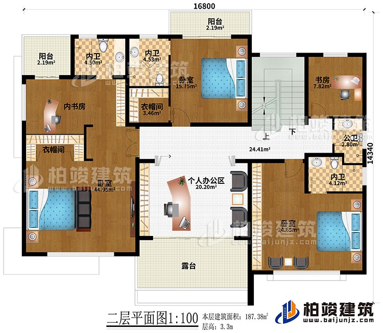 二層：3臥室、2衣帽間、3內衛、內書房、書房、個人辦公區、公衛、2陽台、露台