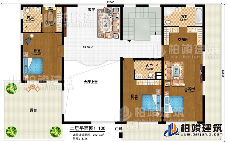 二層：客廳，大套間帶內衛和衣帽間，單間帶內衛，中套間帶內衛和衣帽間，2露台，樓梯