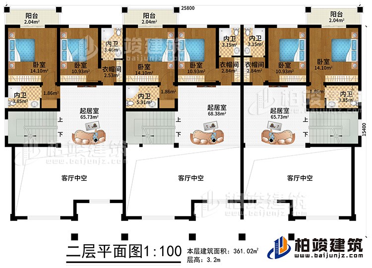 二層：6臥室、3衣帽間、6內衛、3起居室、3陽台、3客廳中空