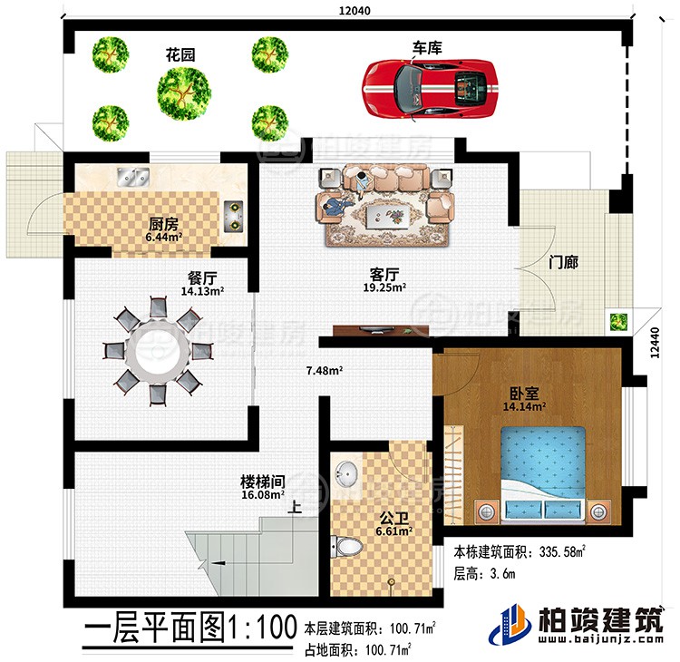 一層：門廊、花園、車庫、廚房、餐廳、客廳、樓梯間、臥室、公衛