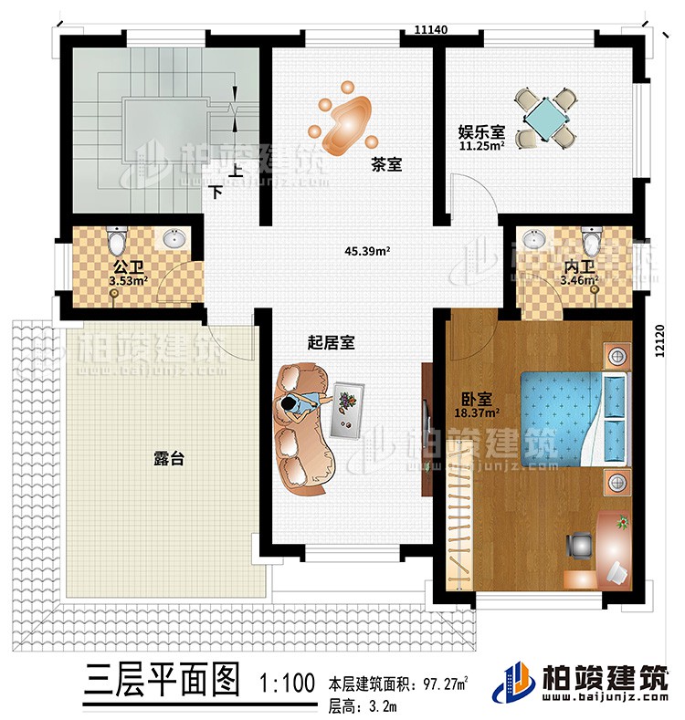 三層：起居室、茶室、娛樂室、公衛、內衛、臥室、露台