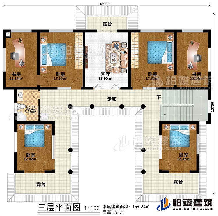 三層：走廊、3臥室、2書房、客廳、3露台、公衛