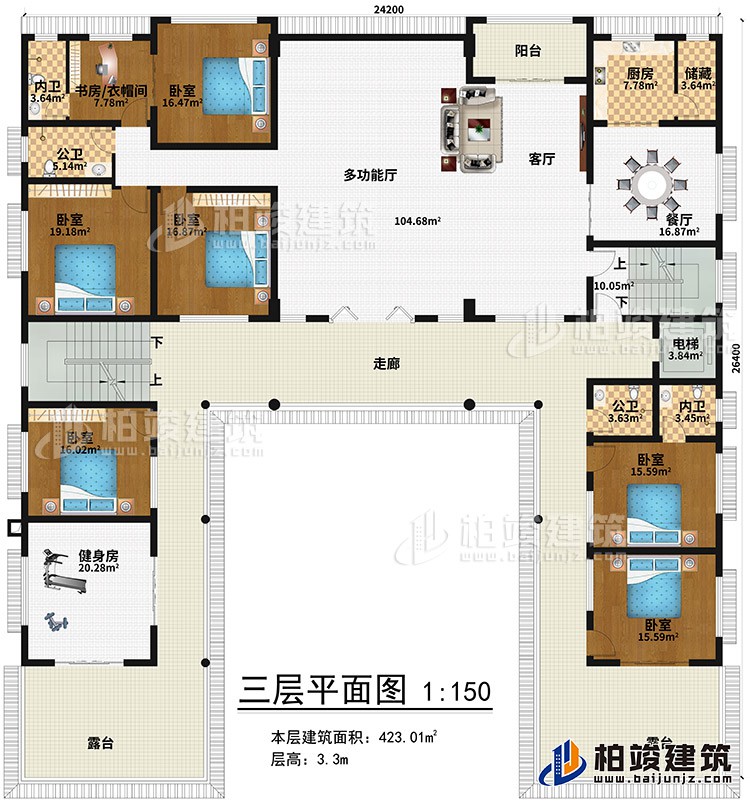 三層：健身房、6臥室、書房/衣帽間、2內衛、2公衛、多功能廳、客廳、陽台、餐廳、廚房、儲藏、電梯、2露台