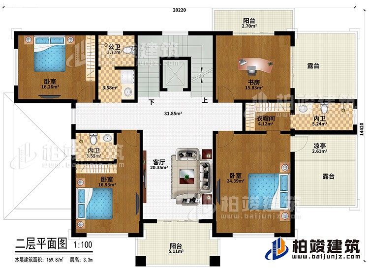 二層：3臥室、衣帽間、2內衛、公衛、客廳、書房、衣帽間、2陽台、2露台、涼亭