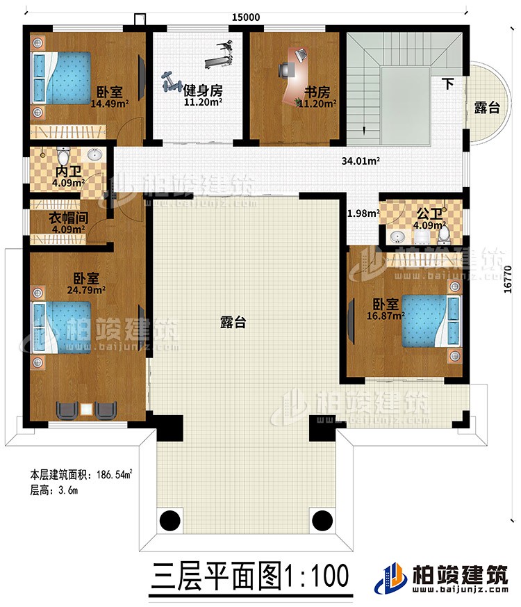三層：3臥室、健身房、衣帽間、內衛、公衛、健身房、書房、2露台