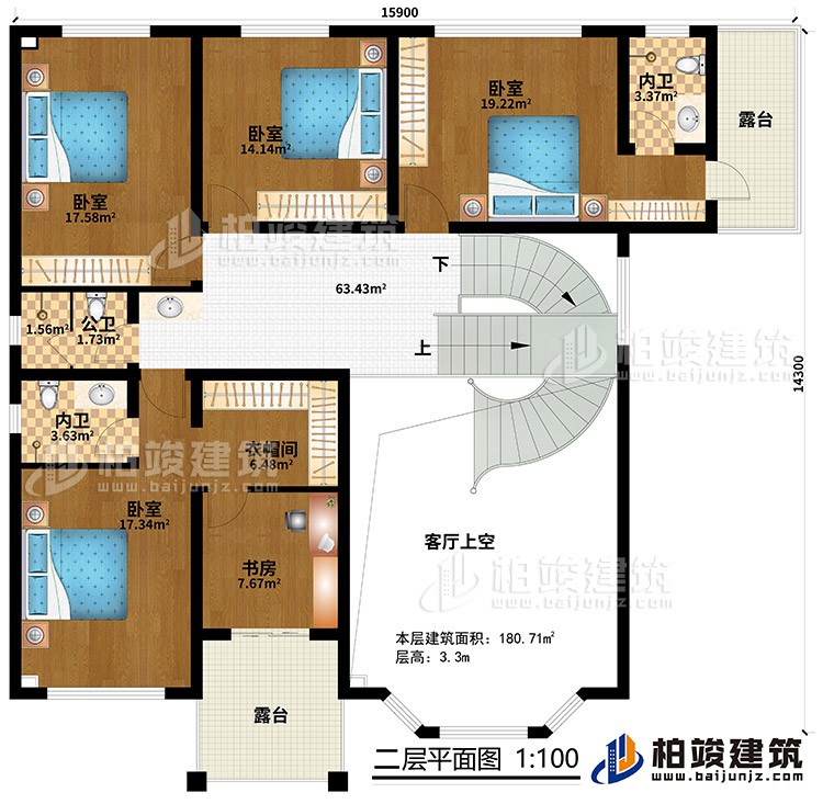 二層：客廳上空，4臥室，衣帽間，2內衛，公衛，2露台