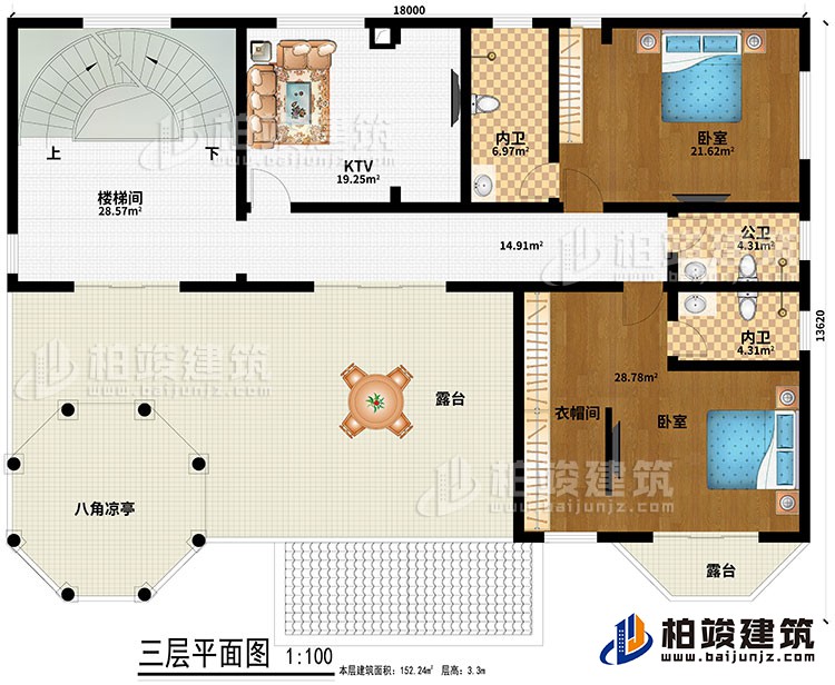 三層：樓梯間、KTV、2臥室、衣帽間、2內衛、公衛、2露台、八角涼亭