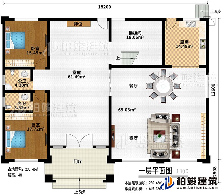 一層：門廳、堂屋、客廳、餐廳、廚房、2臥室、樓梯間、內衛、公衛