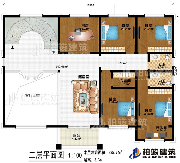 二層：4臥室、起居室、書房、客廳上空、衣帽間、內陽台、陽台、公衛、內衛