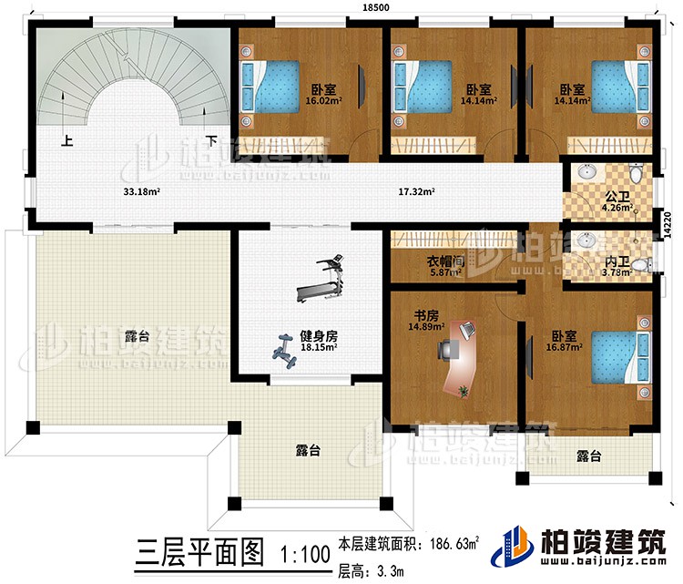 三層：4臥室、健身房、書房、衣帽間、3露台、公衛、內衛