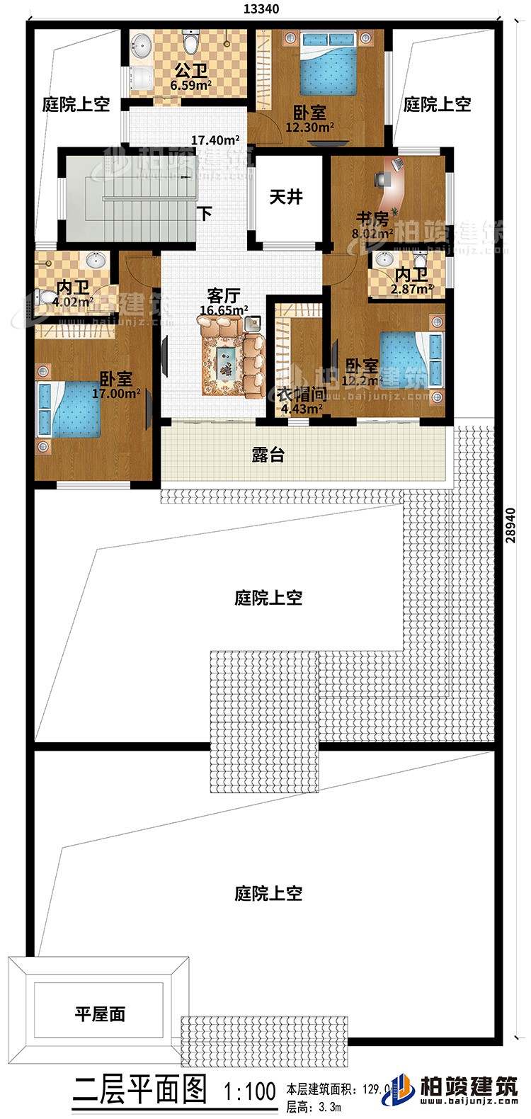 二層：平屋麵、4庭院上空、3臥室、客廳、天井、衣帽間、書房、公衛、2內衛