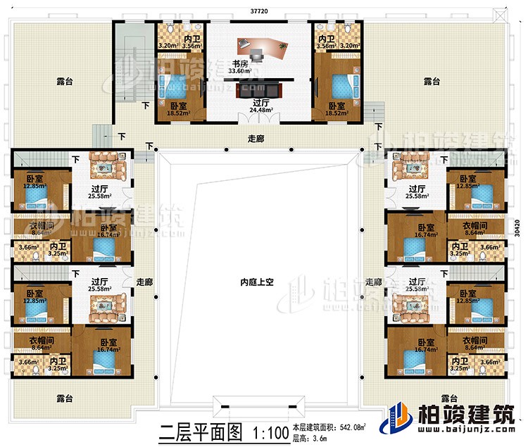 二層：內庭上空、5過廳、書房、3走廊、4露台、10臥室、4衣帽間、6內衛