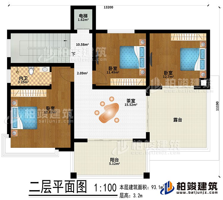 二層：3臥室、茶室、內衛、電梯、露台、陽台