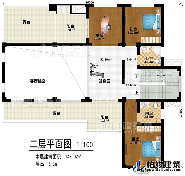 二層：健身區、客廳挑空、書房、2臥室、公衛、內衛、2陽台、3露台