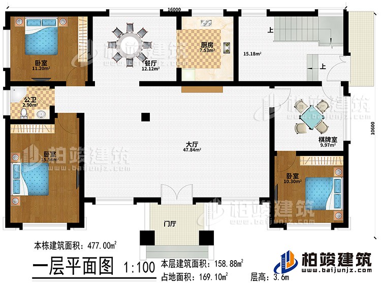 一層：門廳、大廳、餐廳、廚房、3臥室、棋牌室、公衛