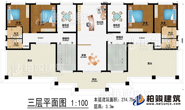 三層：辦公區、茶室、2樓梯間、2娛樂區、4臥室、2公衛、2內衛、2露台