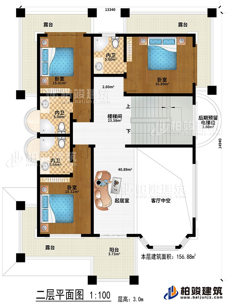 二層：起居室、客廳中空、樓梯間、3臥室、3內衛、陽台、3露台、後期預留電梯位