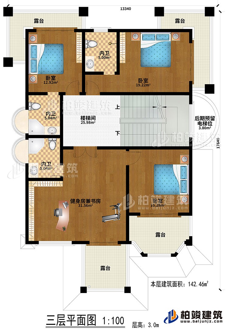 三層：樓梯間、健身房兼書房、3臥室、3內衛、後期預留電梯位、4露台