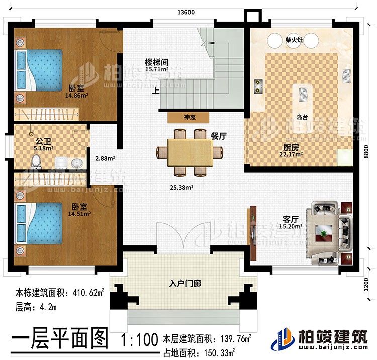 一層：入戶門廊、客廳、餐廳、廚房、神龕、島台、柴火灶、樓梯間、公衛、2臥室