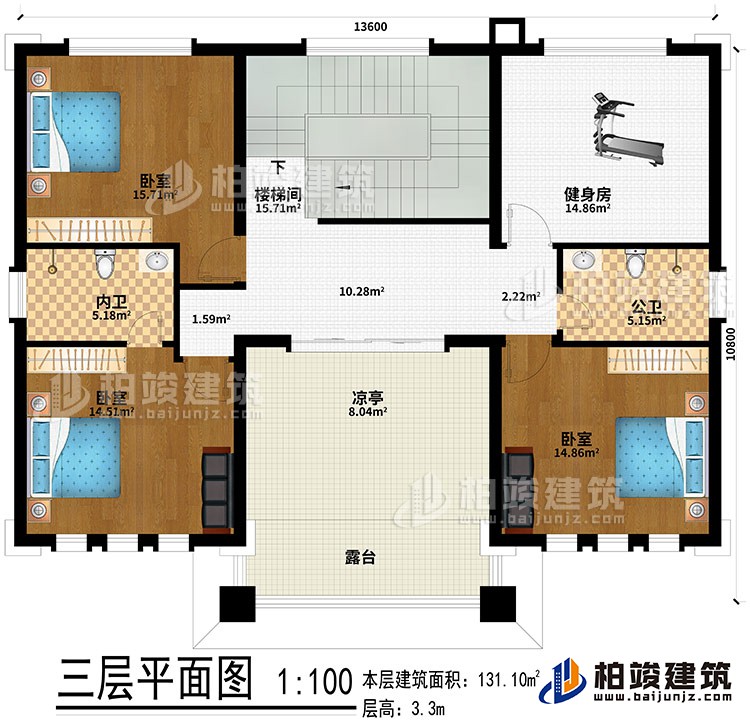 三層：樓梯間、健身房、3臥室、公衛、內衛、涼亭、露台