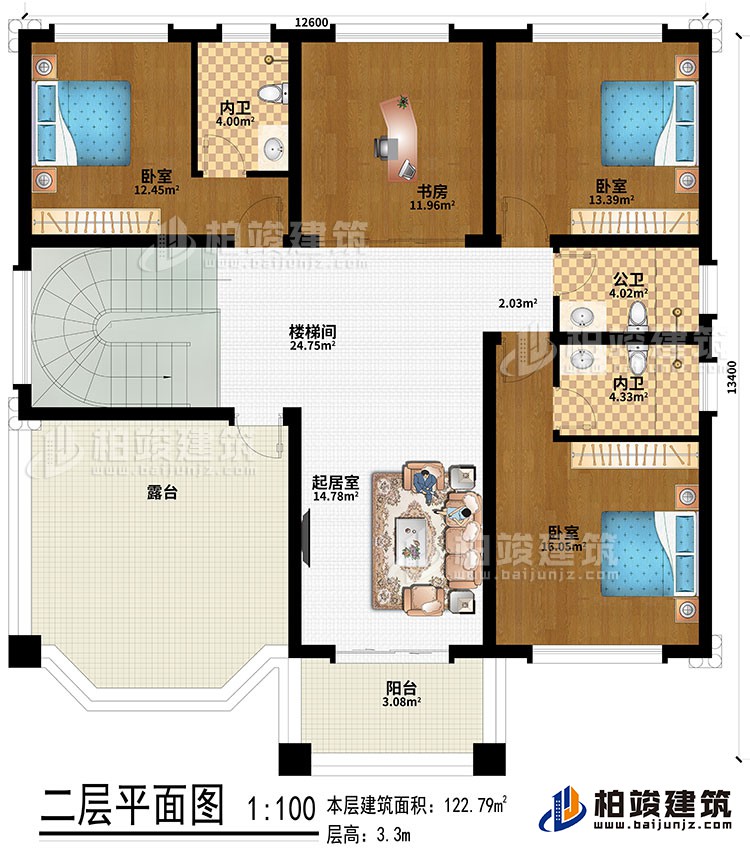 二層：樓梯間、起居室、3臥室、書房、2內衛、公衛、露台、陽台