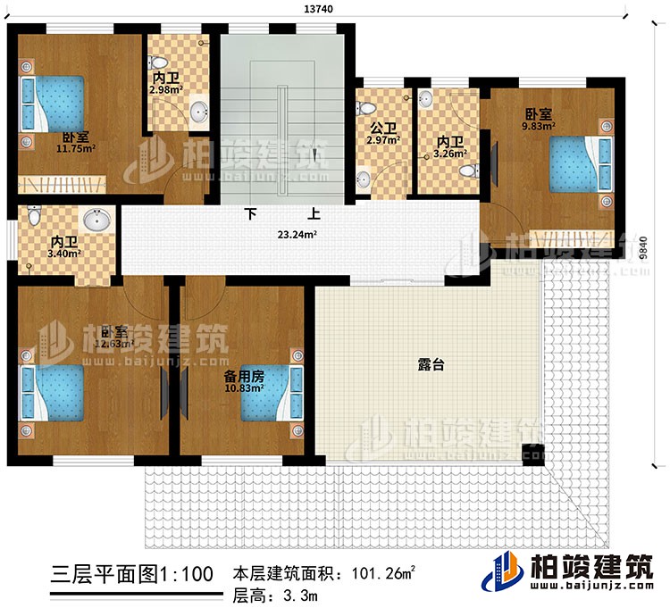 三層：3臥室、備用房、３內衛、公衛、露台