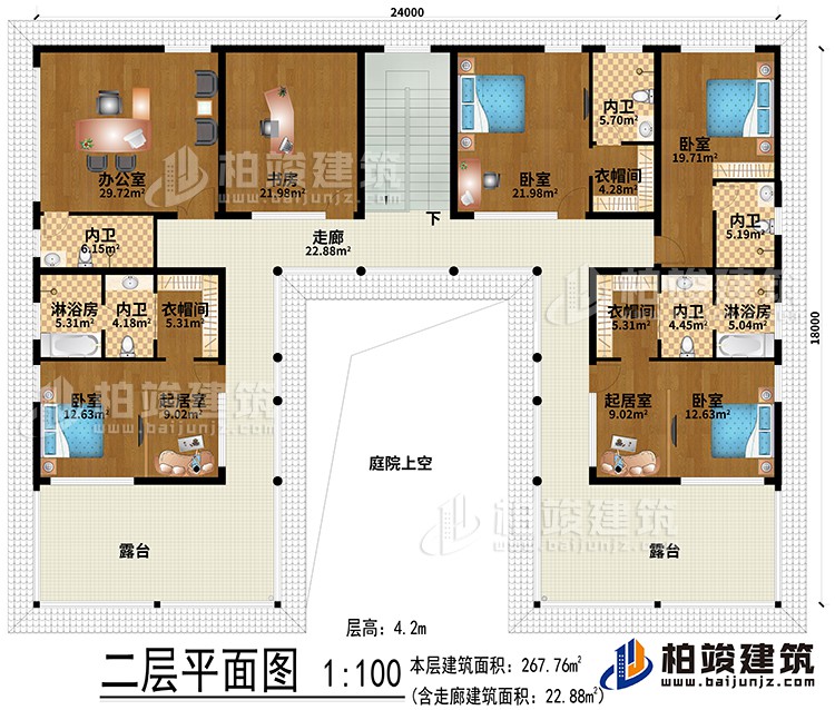 二層：辦公室、書房、2起居室、3衣帽間、4臥室、2淋浴房、5內衛、走廊、2露台、庭院上空