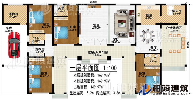 一層：過廊/入戶門廊、堂屋、神龕、客廳、餐廳、廚房、柴火房、戶外休閑區、儲物間、車庫、洗衣房、4臥室、2內衛、公衛